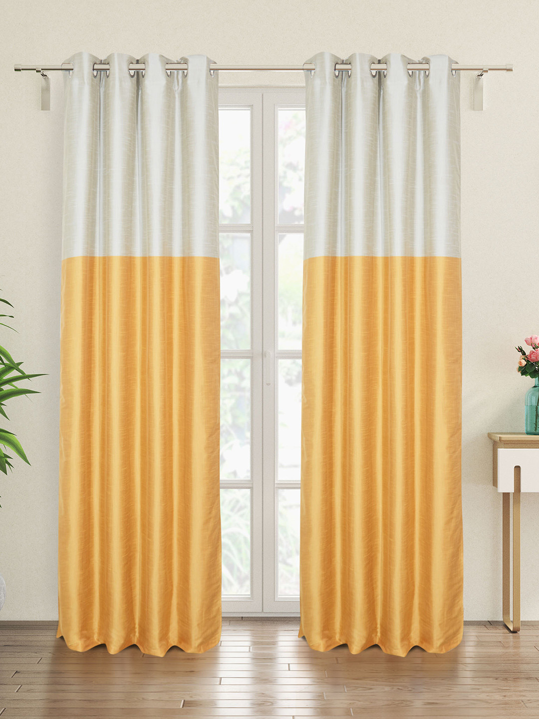 Home Centre Contempo Yellow & White 2 Pieces Colourblocked Room Darkening Door Curtains