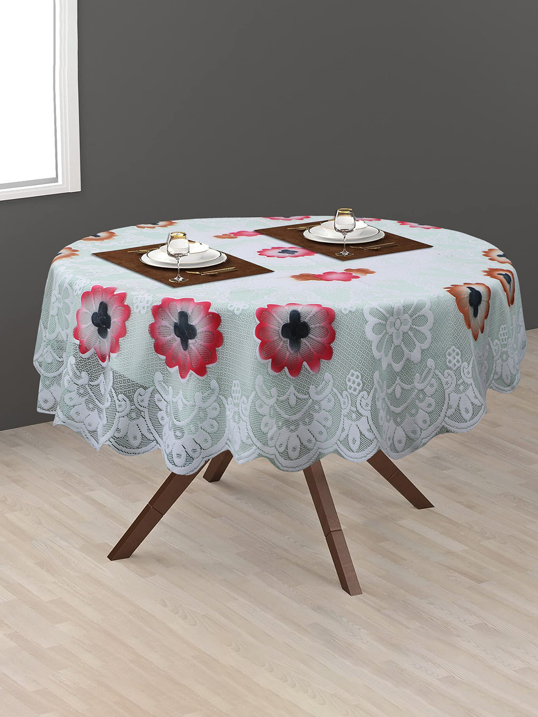 Dakshya Industries Green & Red Tulip Flower Round 2 Seater Table Cover