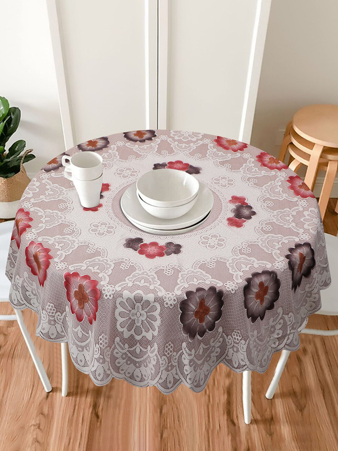 Dakshya Industries Brown & Red Tulip Flower Border Cotton Round 4 Seater Table Covers