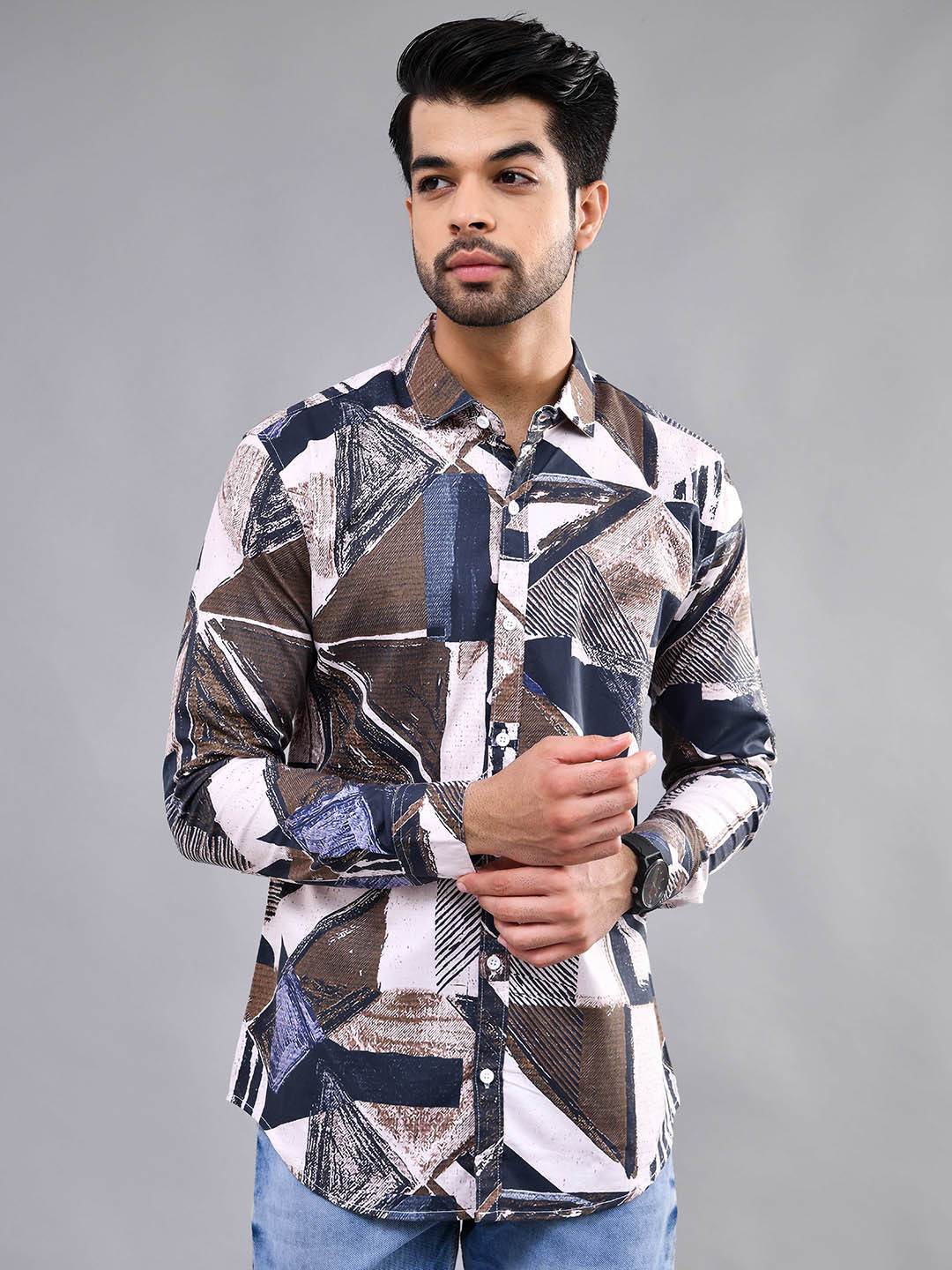DEZANO Modern Geometric Printed Cotton Casual Shirt