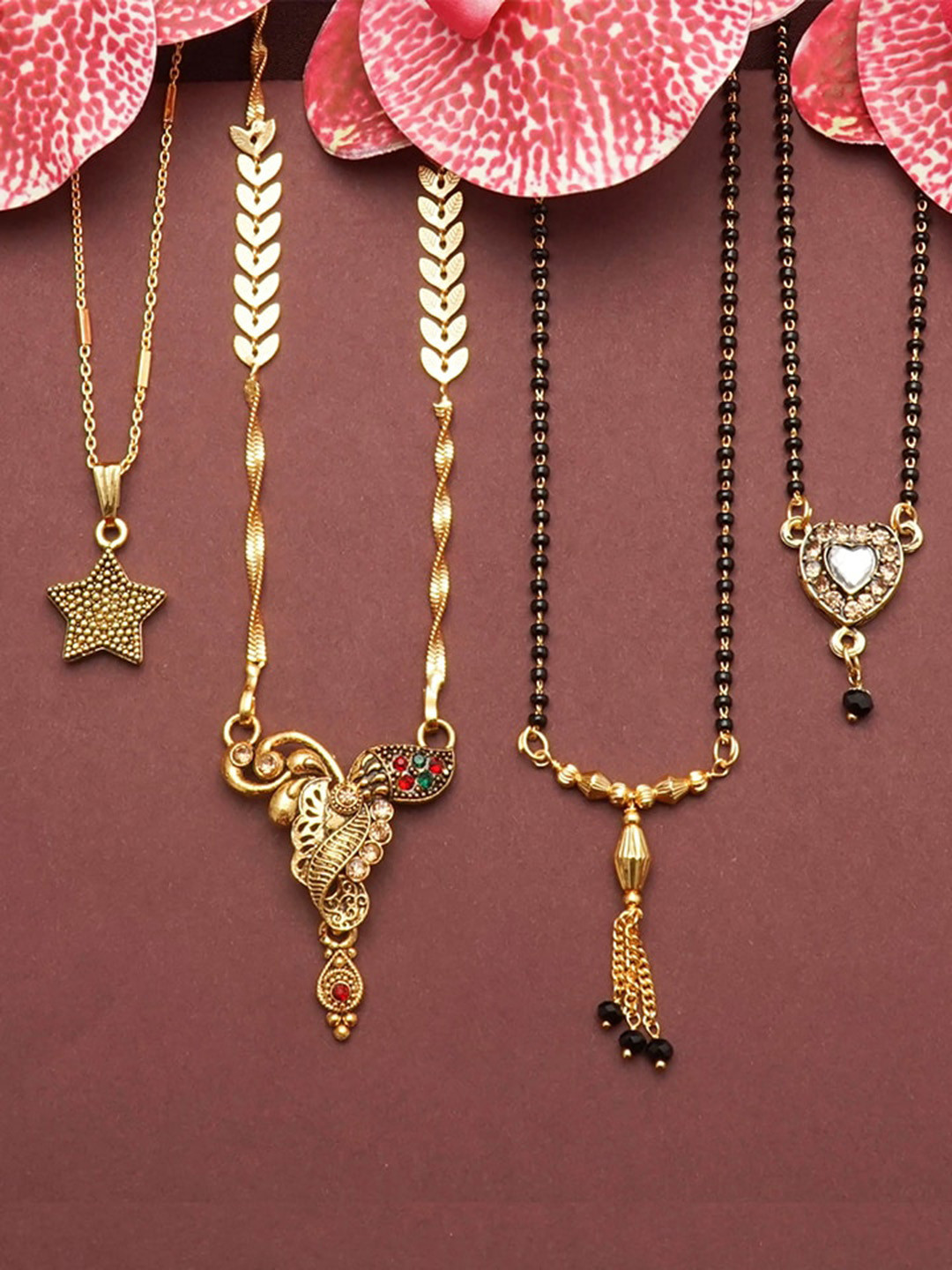 Ramdev Art Fashion Jwellery Set Of 4 Gold-Plated Artificial Stones & Bead Mangalsutra