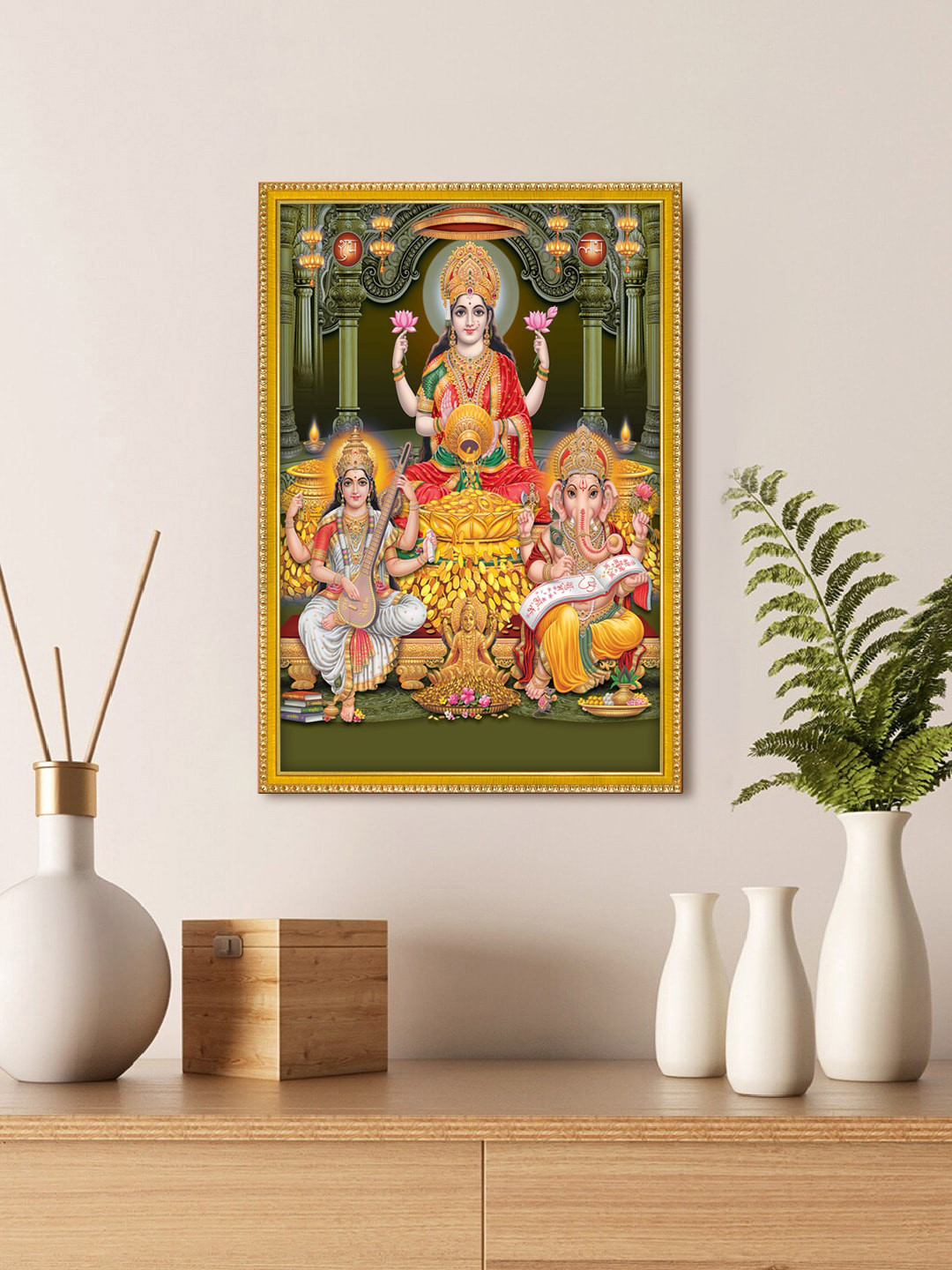 999Store Yellow & Red Lakshmi Showering Money With Ganesha & Saraswati Photo Frame