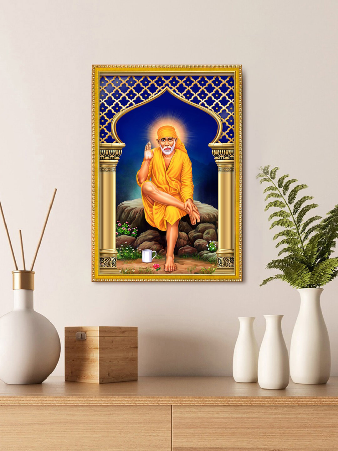 999Store Beige & Yellow Blessing Lord Sai Baba Painting With Photo Frame Wall Art