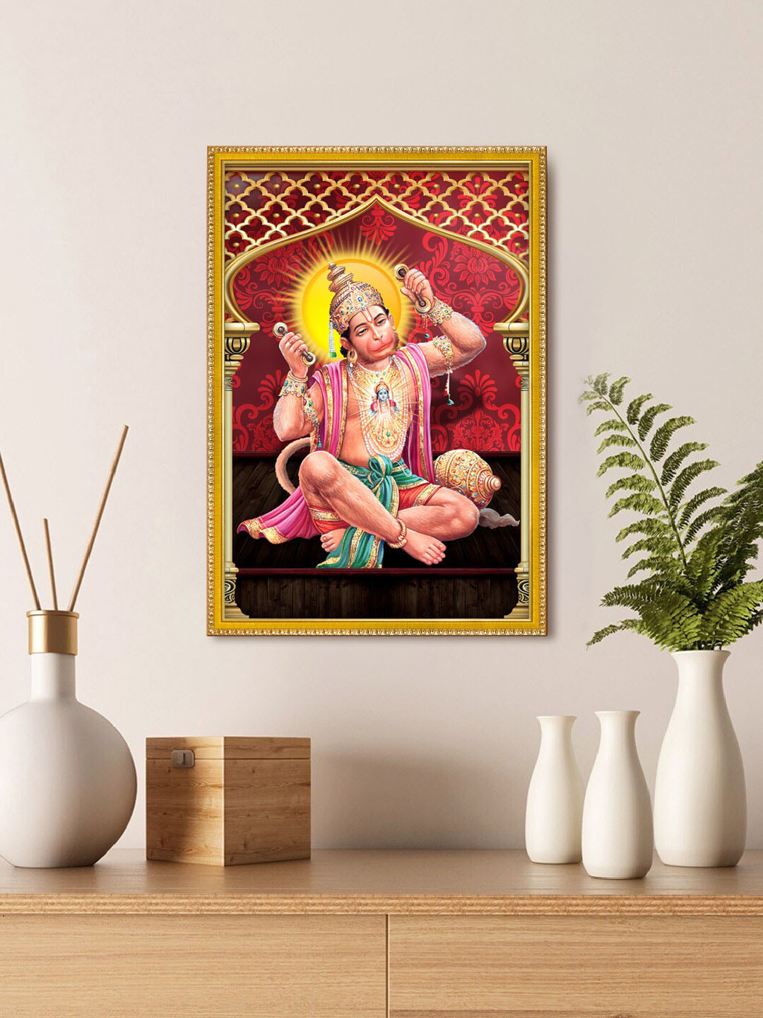 999Store Gold Toned & Red Lord Hanuman Photo Painting Wall Art