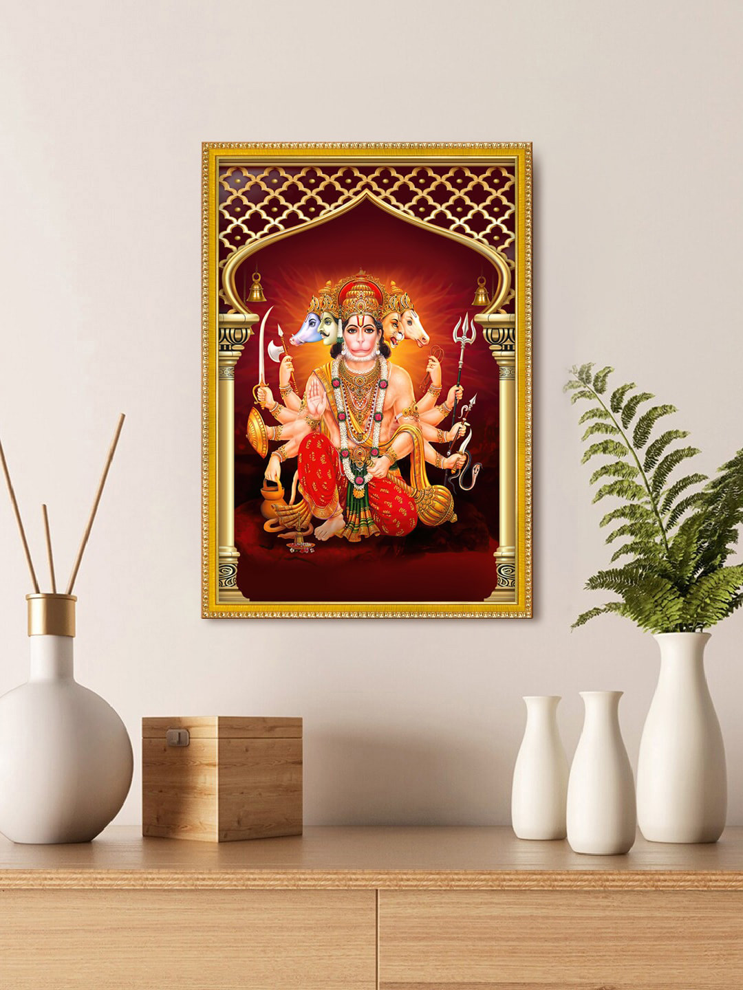 999Store Maroon Panchmukhi Hanuman With Different Hands & Holding Various Weapons Wall Art