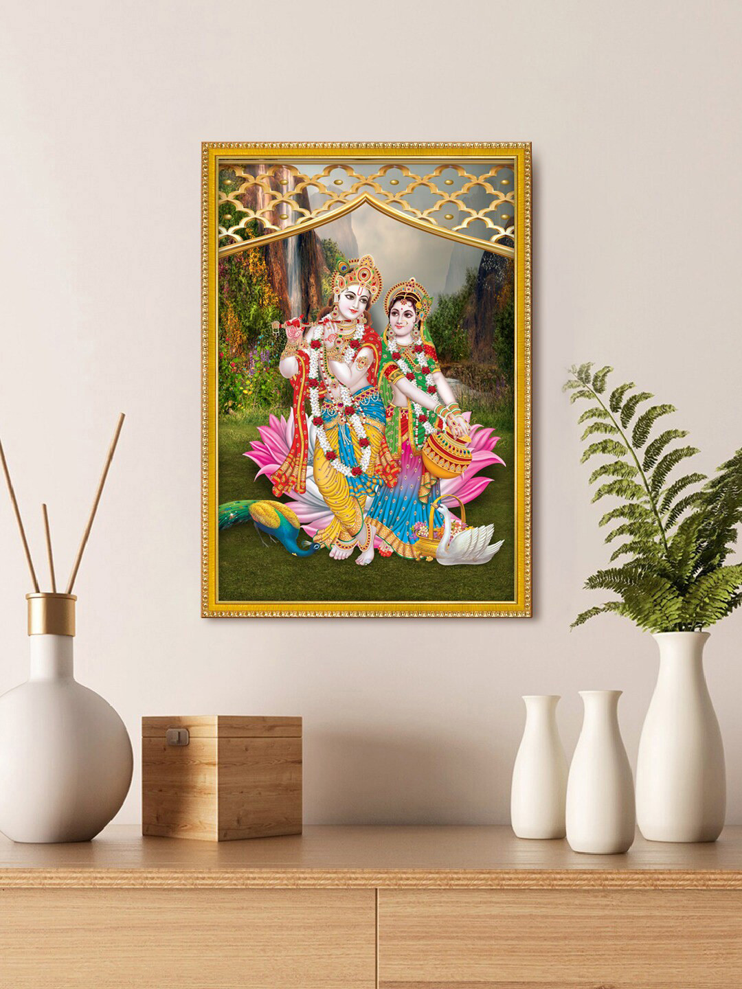 999Store Pink & Blue Wall Photo Frame with Lord Radha Krishna Photo Painting