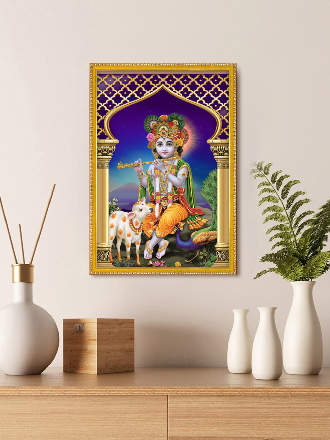 999Store Beige Lord Krishna Peacock With His Cow Photo Painting With Photo Frame