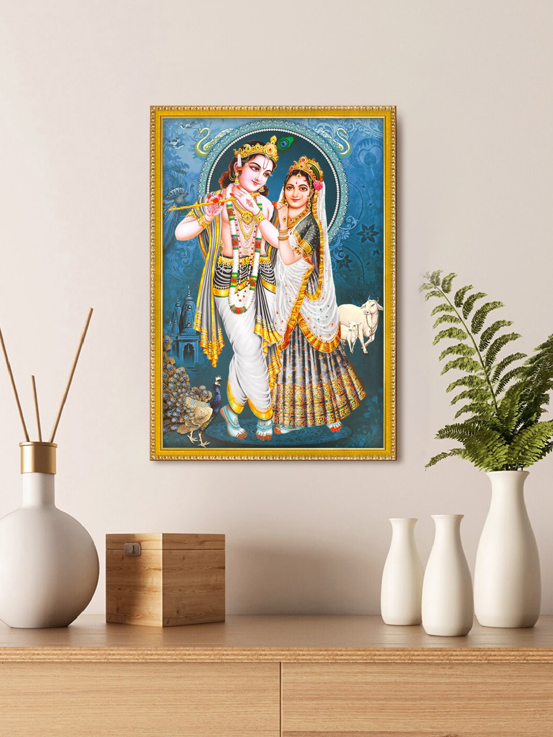 999Store White & Green Lord Radha Krishna Framed Painting Wall Art