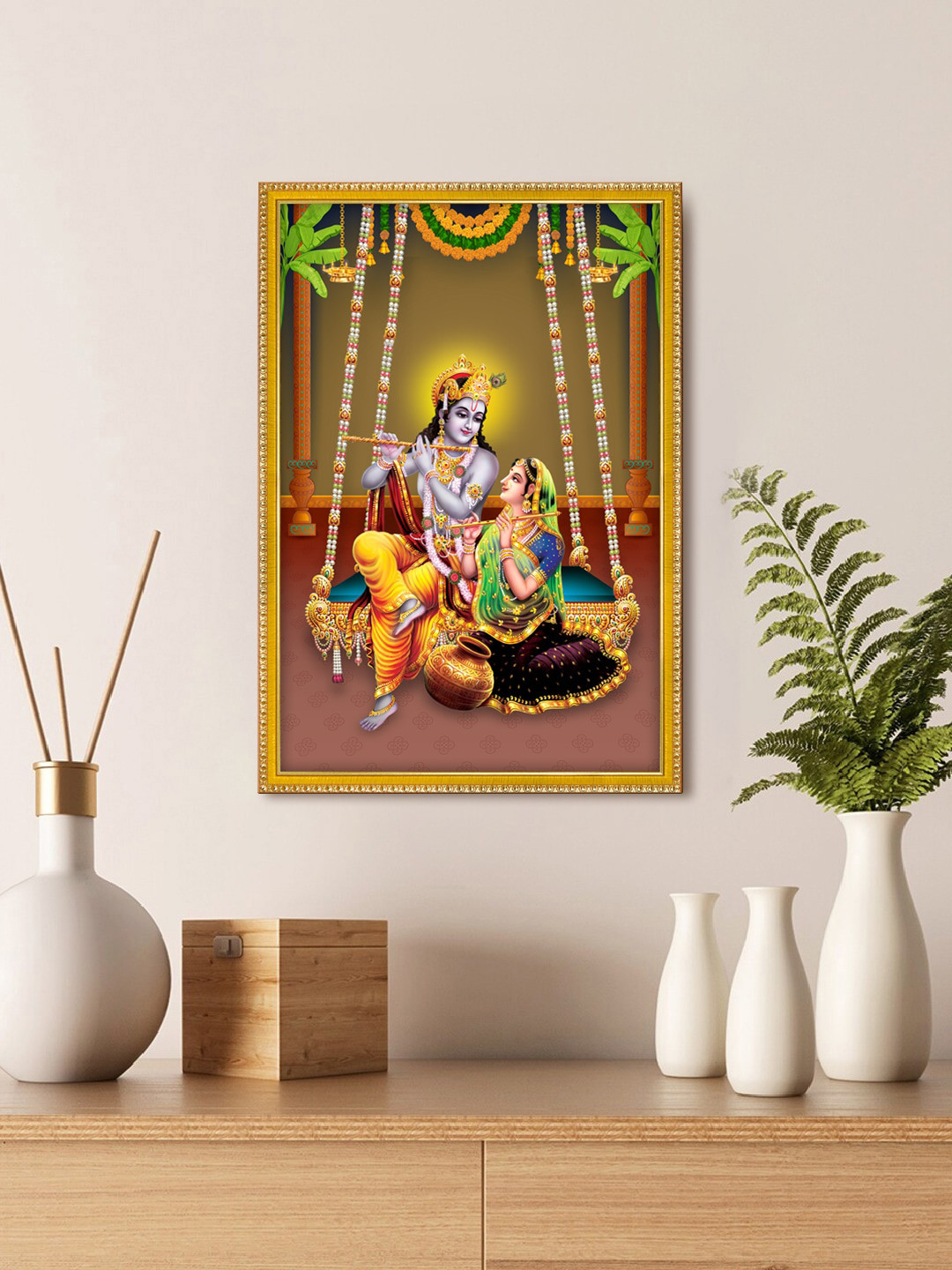 999Store Yellow & Green Lord Radha Krishna Painting With Photo Frame