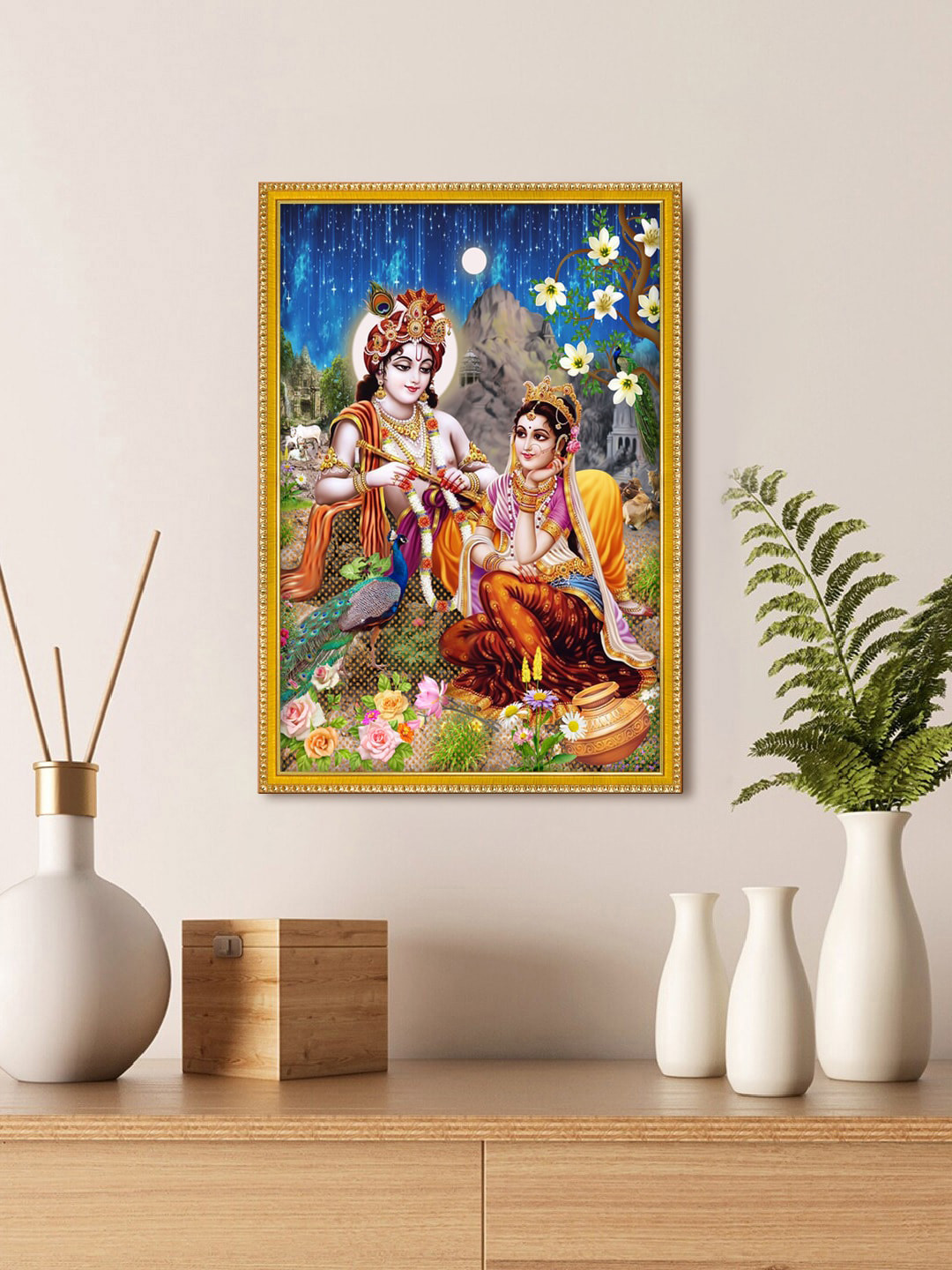 999Store Beige & Blue Lord Radha Krishna With Peacock Painting With Photo Frame