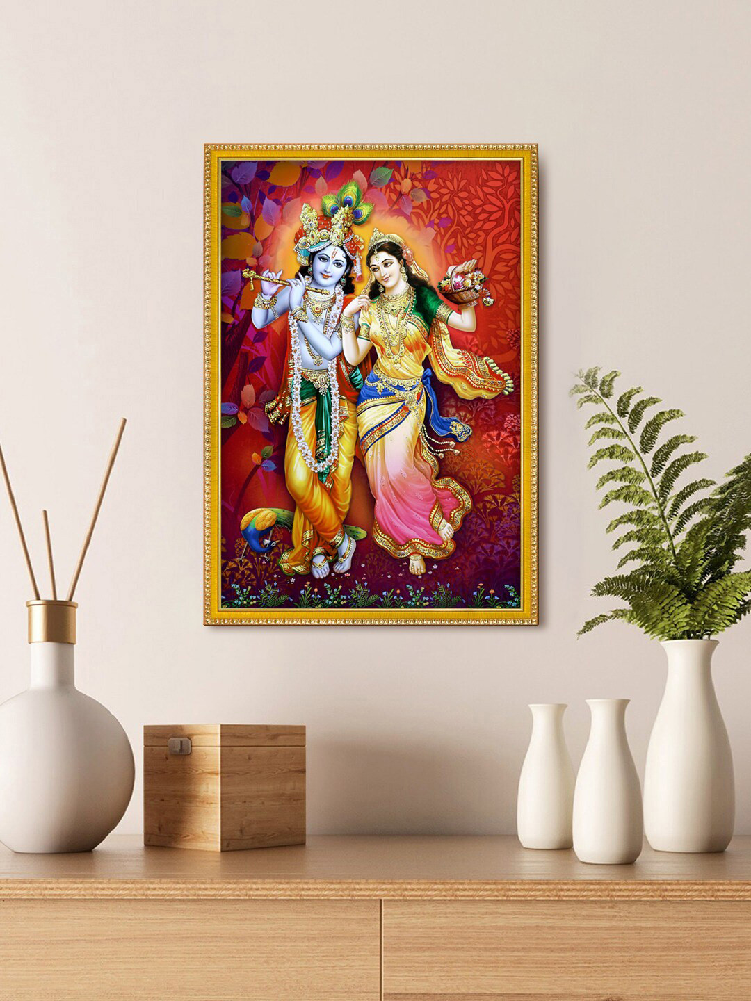 999Store Blue & Pink Wall Photo Frame with Lord Radha Krishna Photo Painting