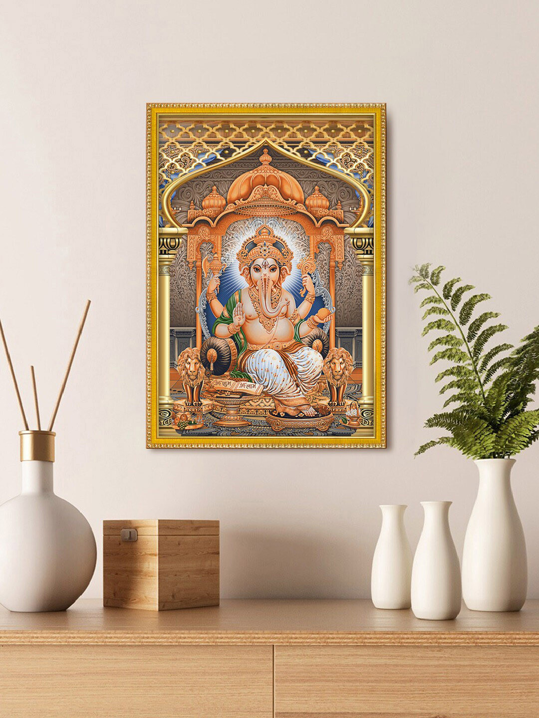 999Store Beige & Orange Colored Lord Ganesha Photo Painting Wall Art