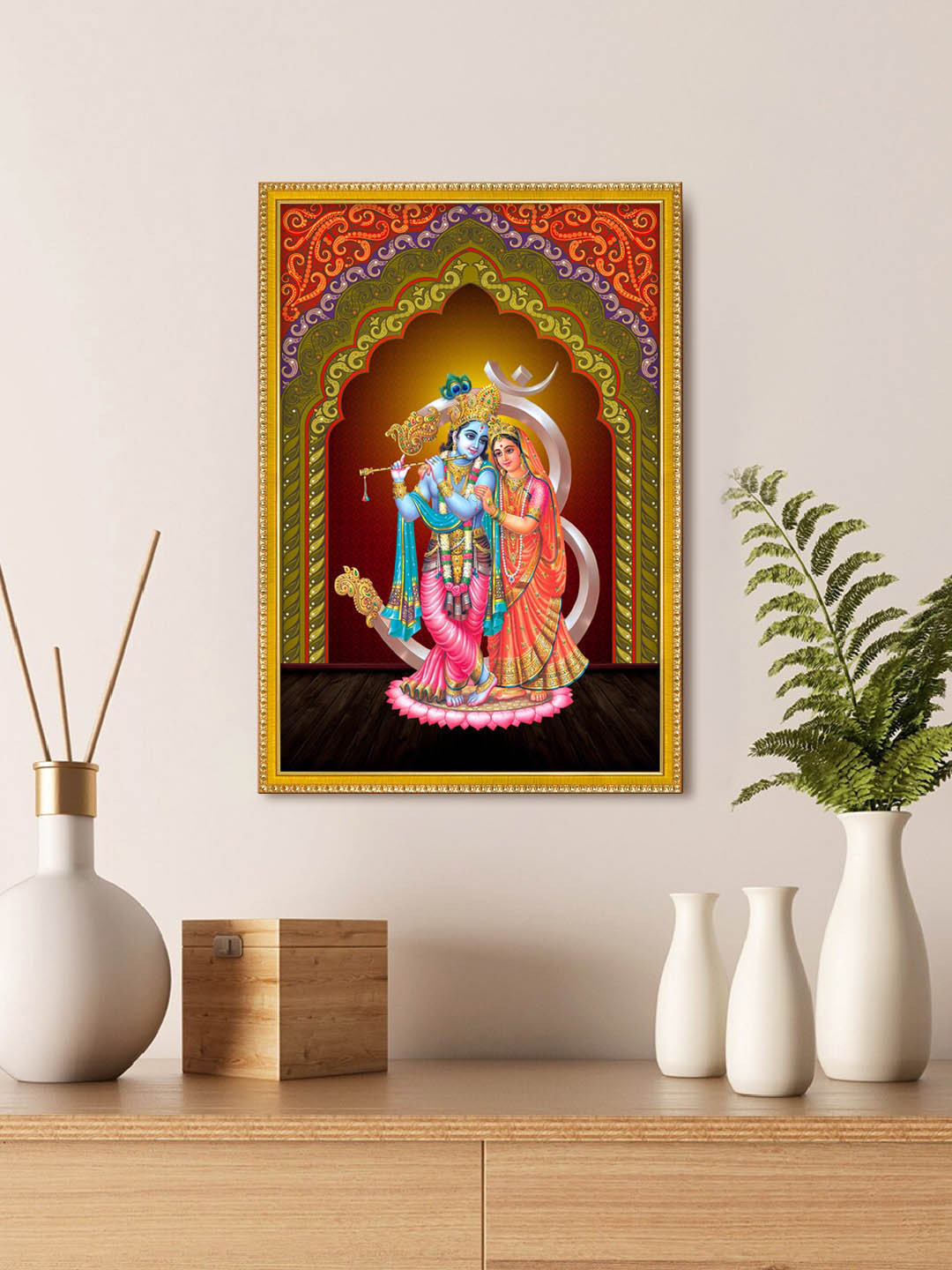 999Store Blue & Red Lord Radha Krishna With Om Photo Painting Wall Art