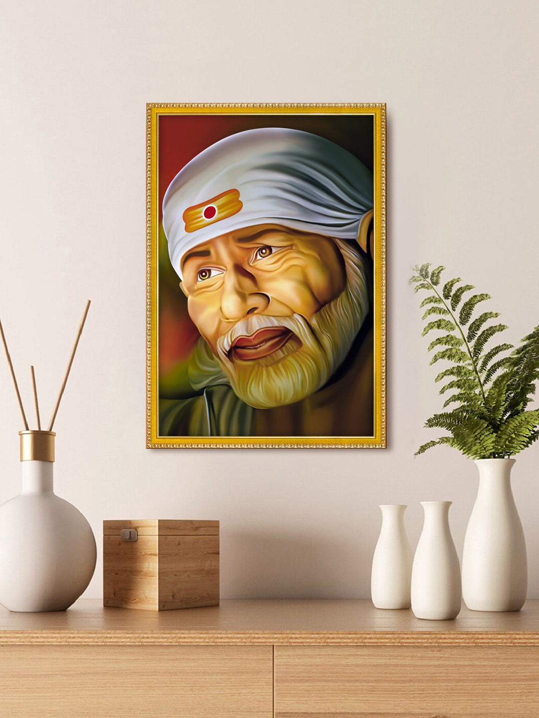 999Store Beige & White Lord Sai Baba Poster Painting Wall Art With Frame