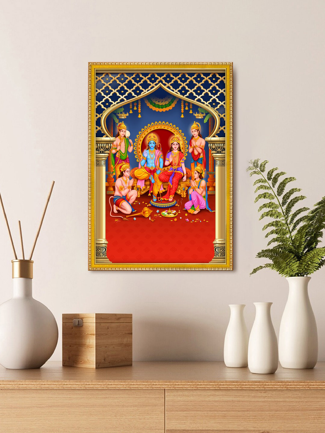 999Store Beige & Red Lord Ram With Sita & Bharat Hanuman Photo Painting Wall Art