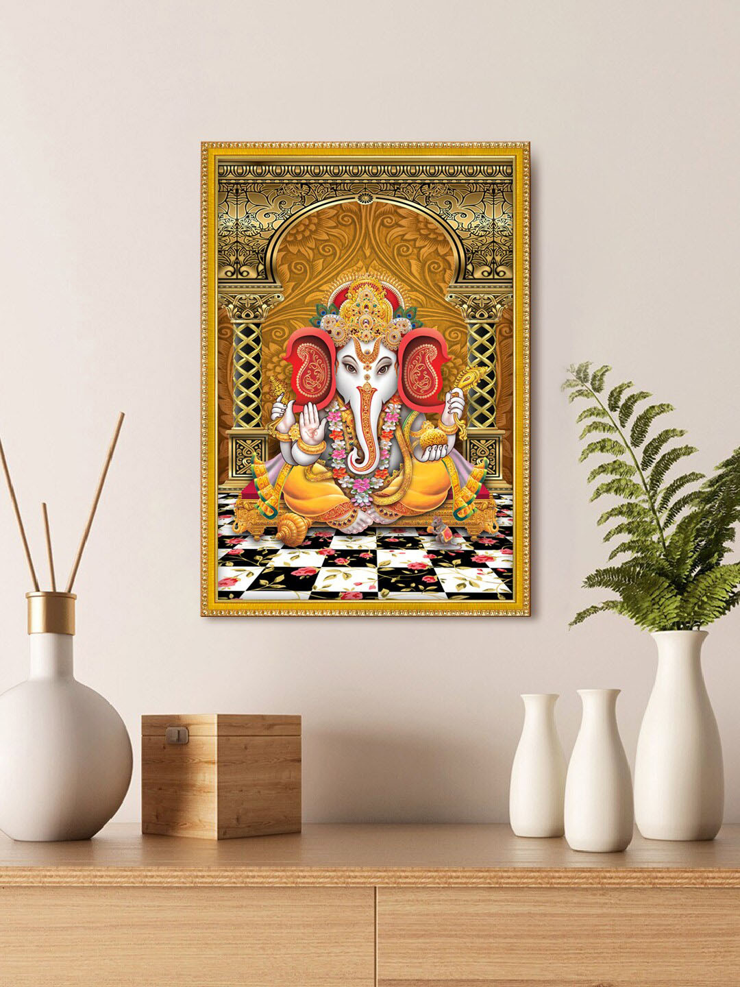 999Store Golden & Red Lord Ganesha Painting Wall Art
