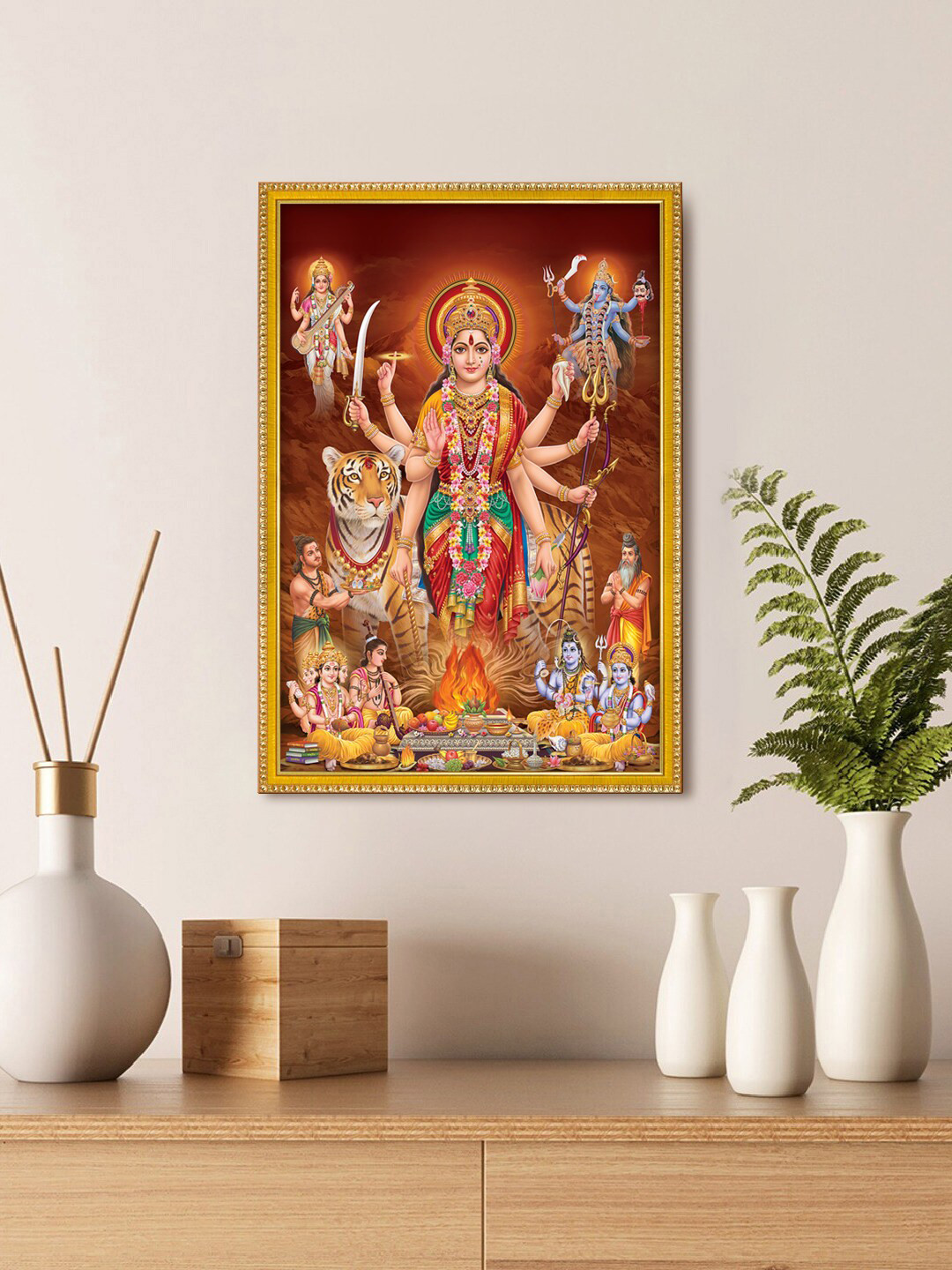 999Store Red & Yellow Durga Maa Photo Painting With Photo Frame For Mandir