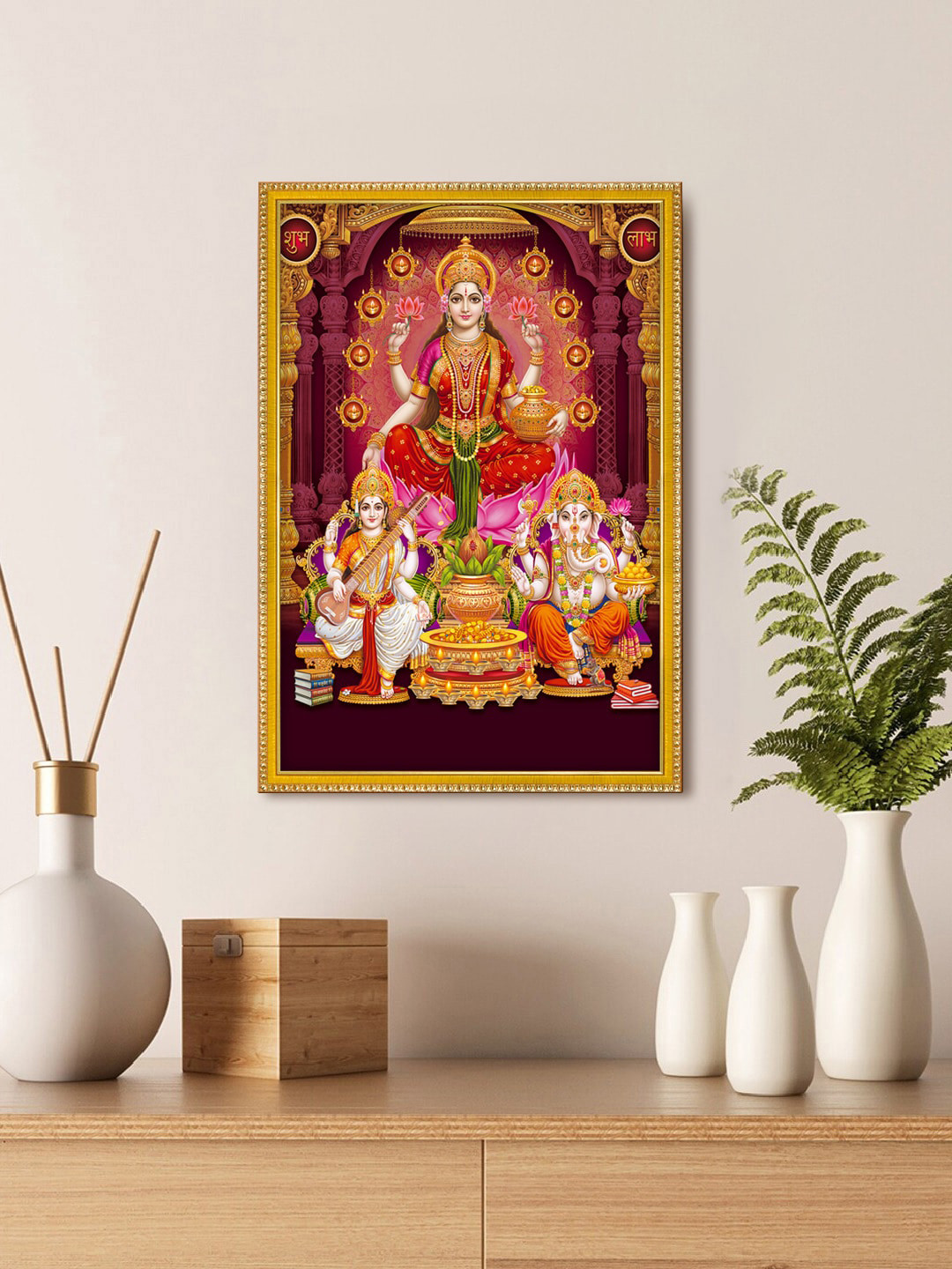 999Store Maroon & Red Lakshmi Showering Money With Ganesha And Saraswati Photo Photo Frame