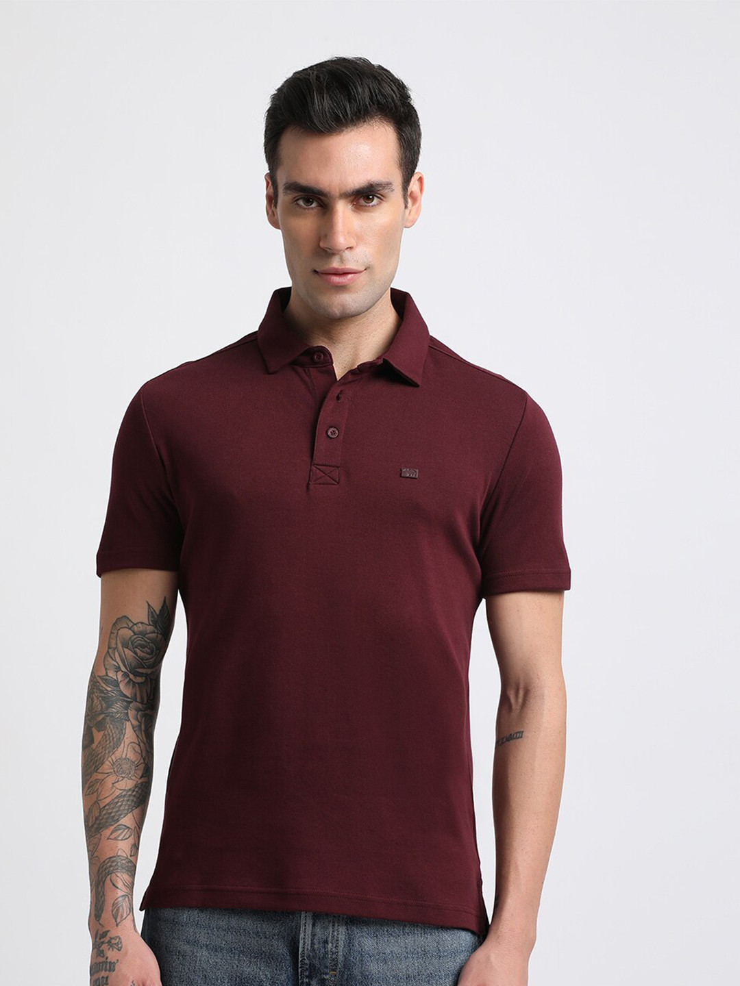 THE BEAR HOUSE Men Maroon Polo Neck Solid Pure Cotton Collar Slim Fit T-shirt