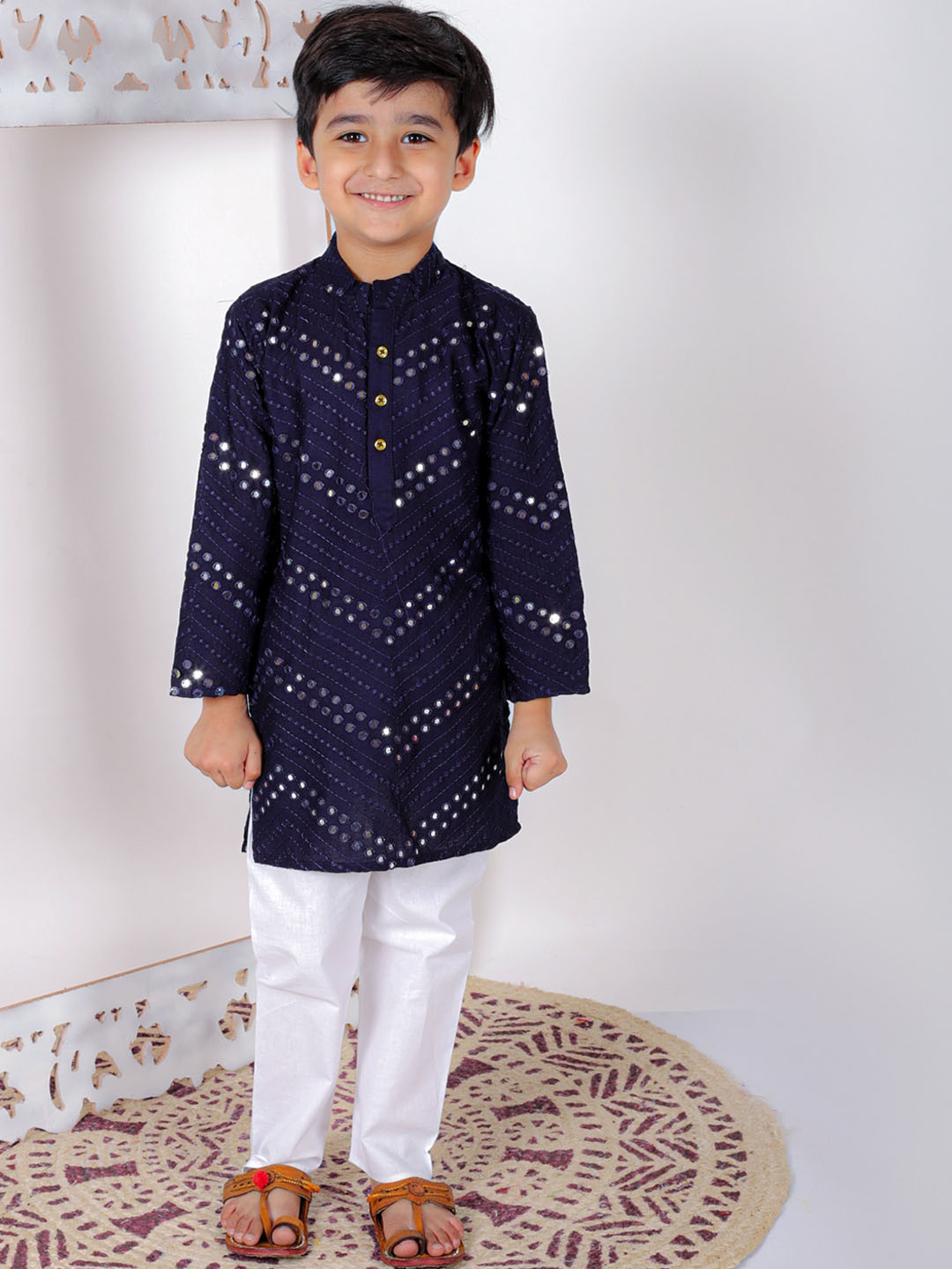 Superminis Boys Navy Blue Chevron Embroidered Regular Mirror Work Kurta with Trousers Set