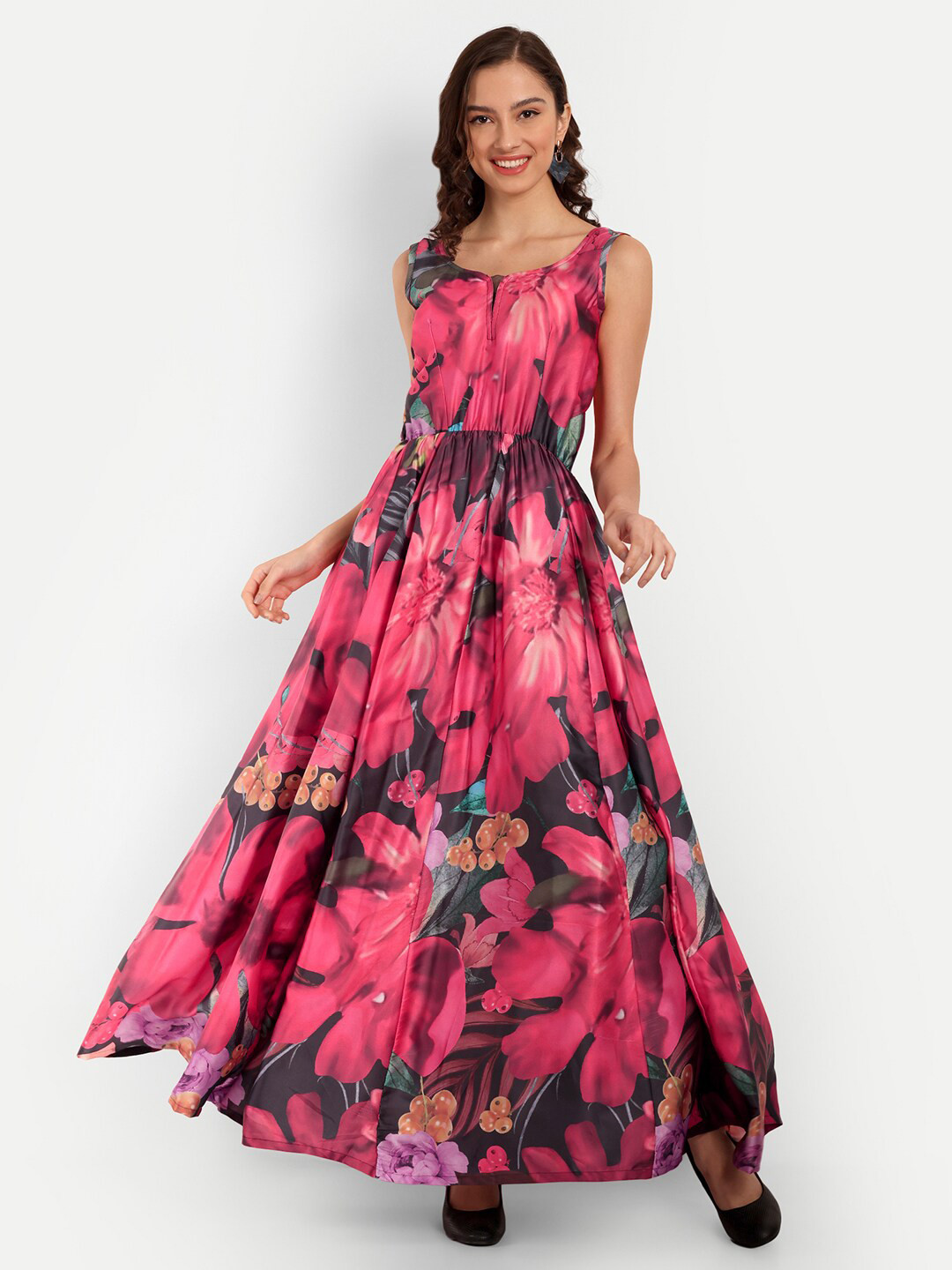 TILISM Floral Printed Sleeveless Satin Maxi Dress