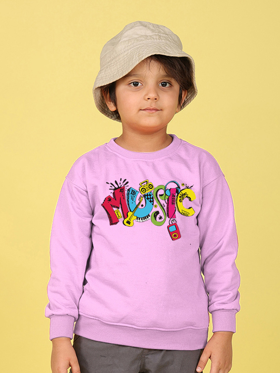 NUSYL Kids Music Printed Round Neck Fleece Oversized Pullover