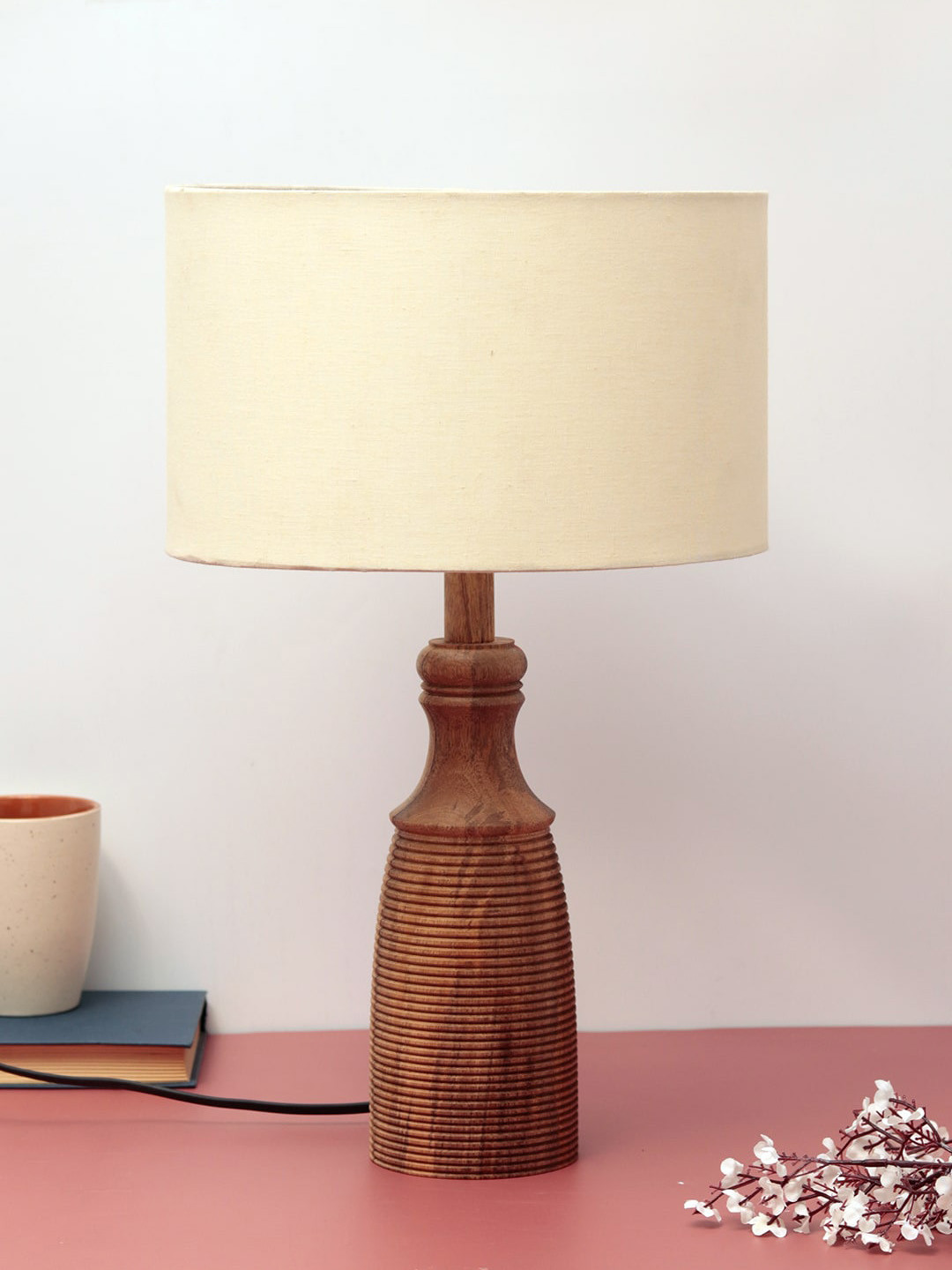 Unravel India Brown Cylindrical Ribbed Wood Table Lamp With Shade