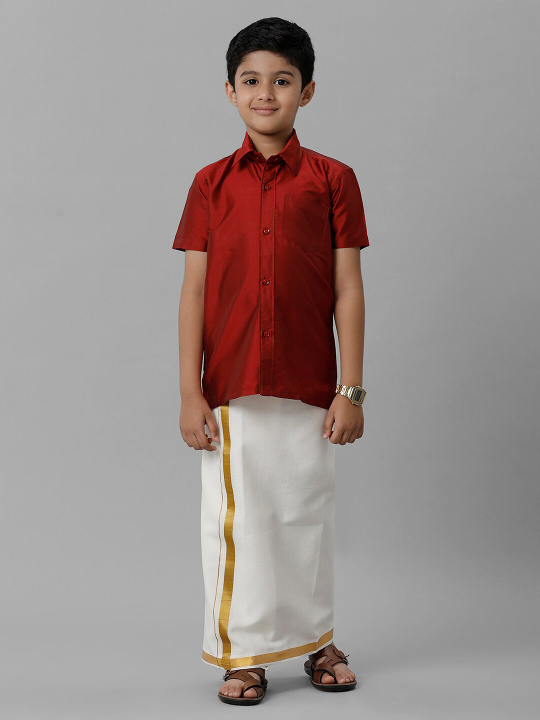 Ramraj Boys Shirt Collar Short Sleeves Shirt & Adjustable Veshti