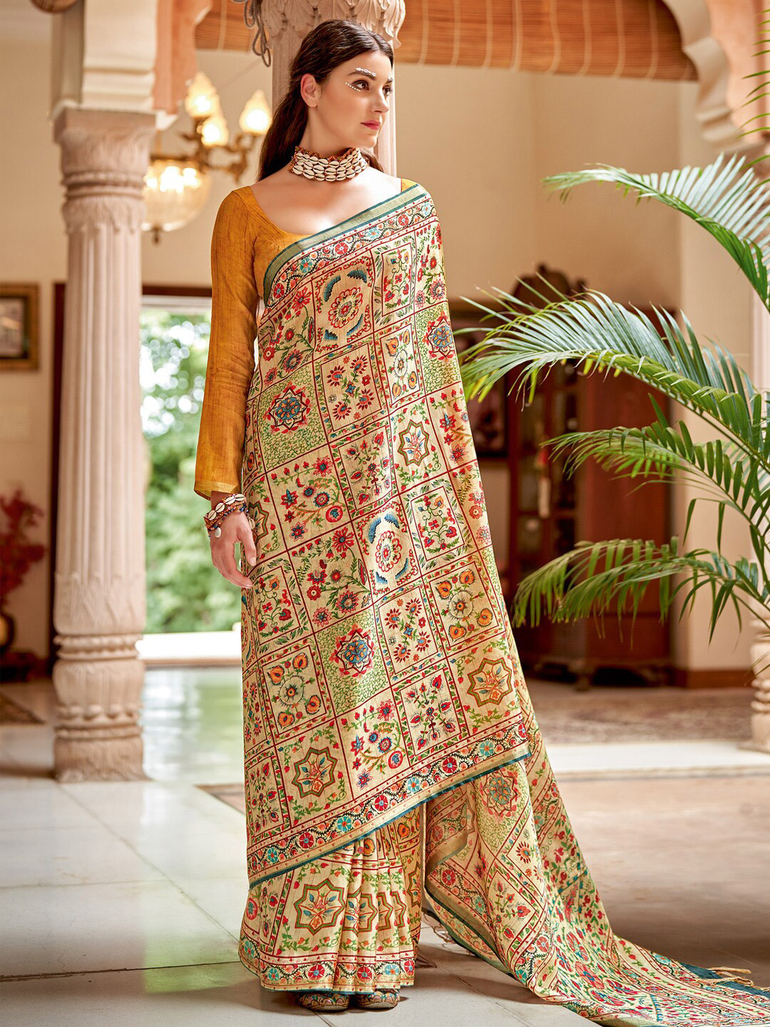 Saree mall Beige & Gold-Toned Ethnic Motifs Printed Zari Sarees