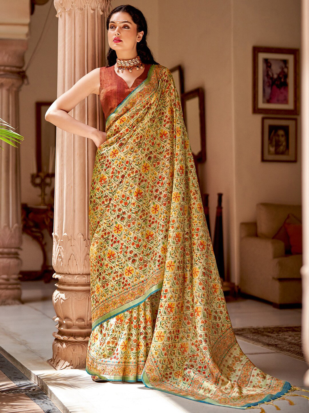 Saree mall Beige & Gold-Toned Ethnic Motifs Printed Zari Sarees