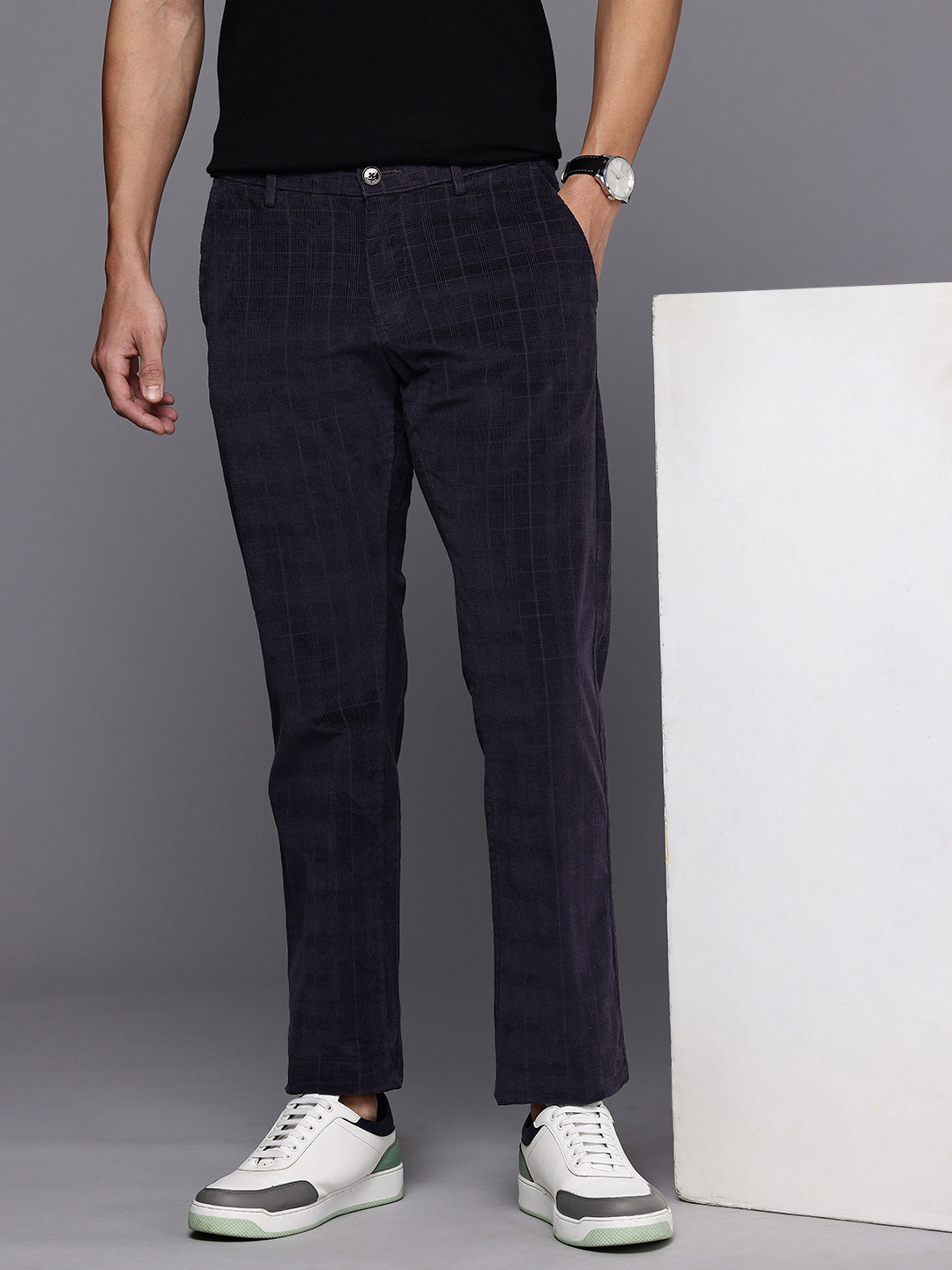 Allen Solly Slim Fit Checked Corduroy Chinos Trousers