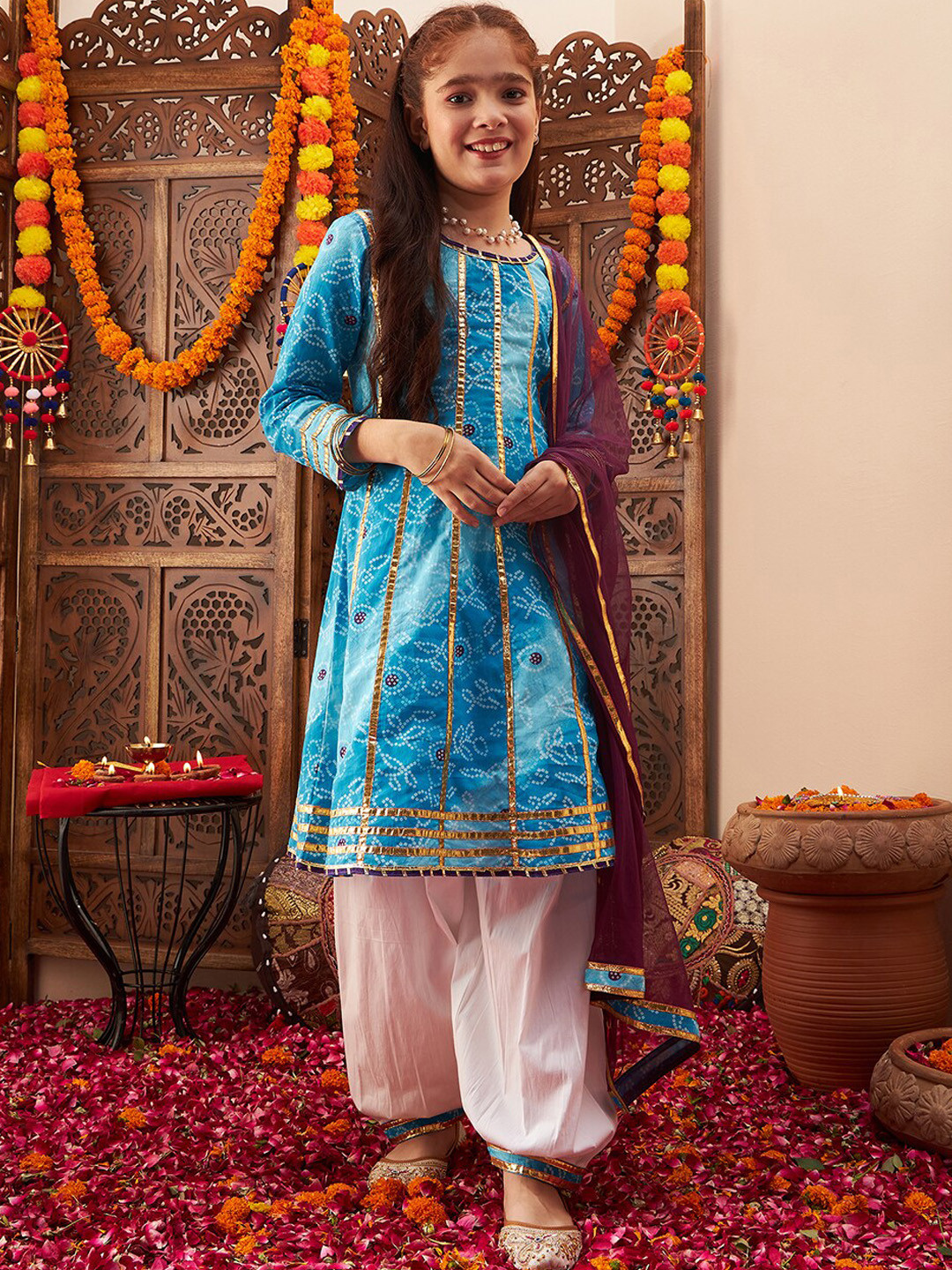 Cherry & Jerry Girls Bandhani Printed Panelled Gotta Patti Pure Cotton Kurta Set