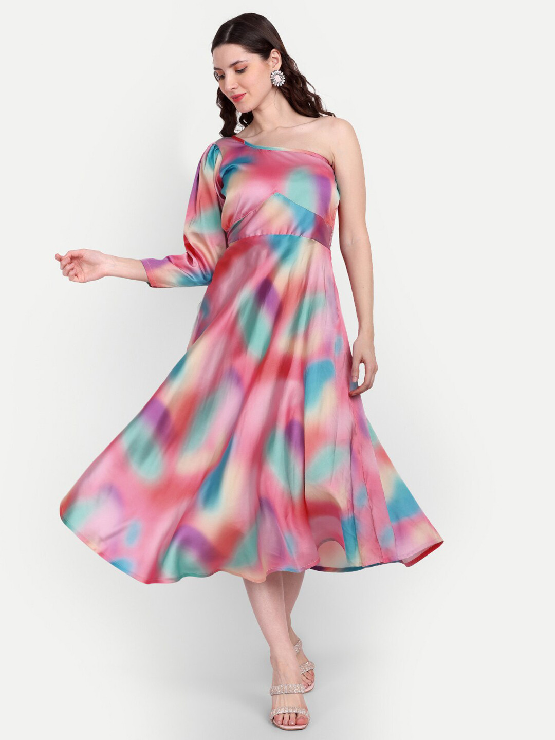 TILISM Tie and Dye One Shoulder Silk Satin Gown Midi Dress