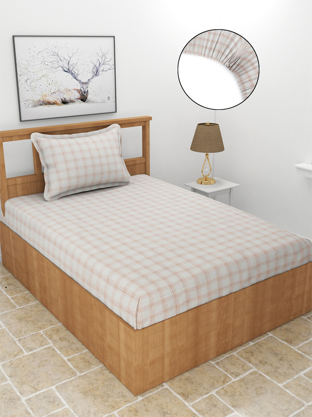 MORADO Brown Checked Polycotton 210 TC Fitted Single Fine Bedsheet with a Pillow Cover-91.44 x 182 x 20.32 cm