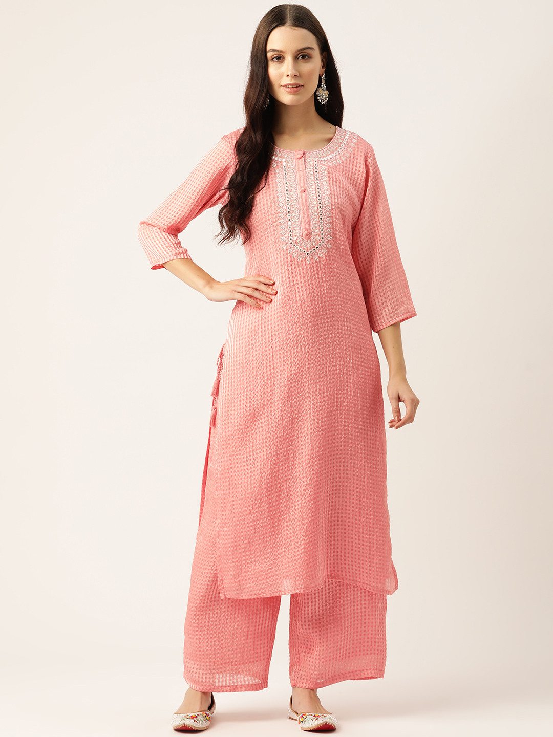 Rue Collection Checked Mirror Work Georgette Kurta with Palazzos