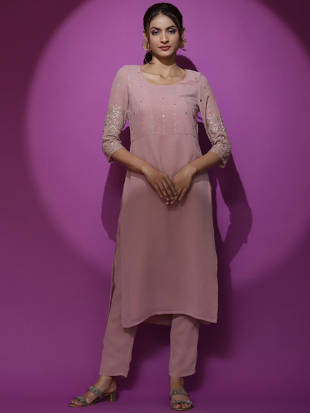 AKS Couture Floral Embroidered Thread Work Georgette Straight Kurta