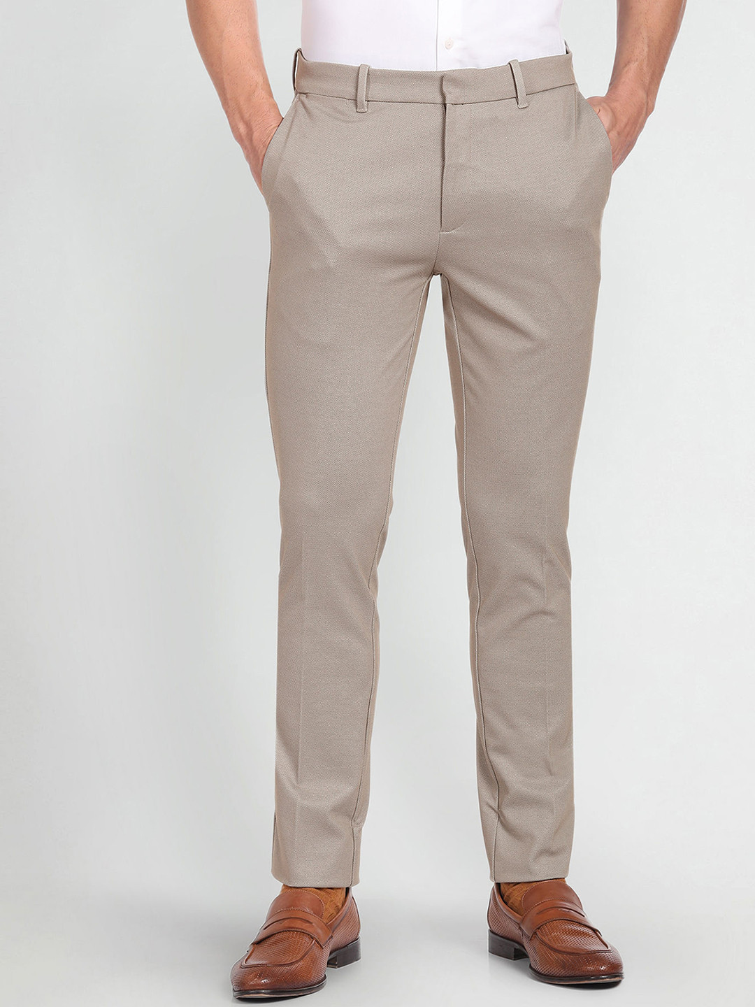 Arrow New York Men Plain Flat-Front Slim Fit Mid Rise Dobby Formal Trousers