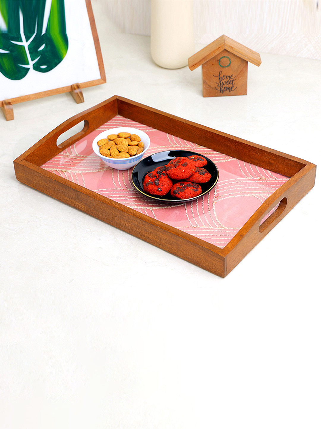 POSH-N-PLUSH Pink & Brown Self Design Wooden Serving Tray
