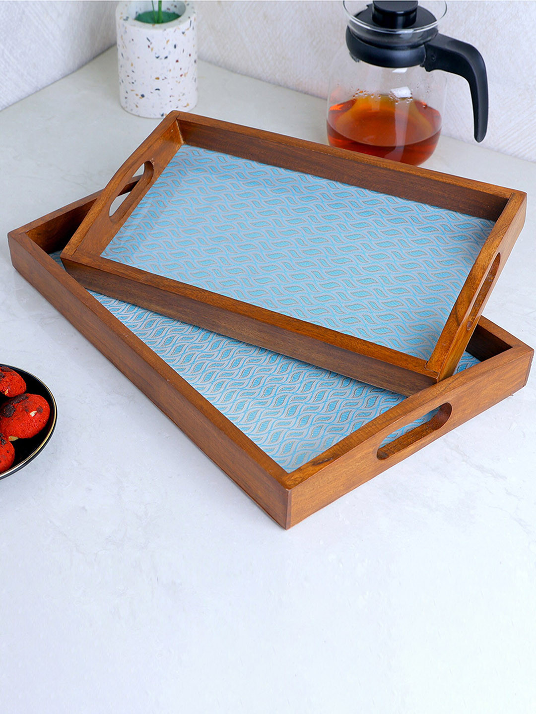 POSH-N-PLUSH Blue & Brown 2 Pieces Printed Wooden Trays