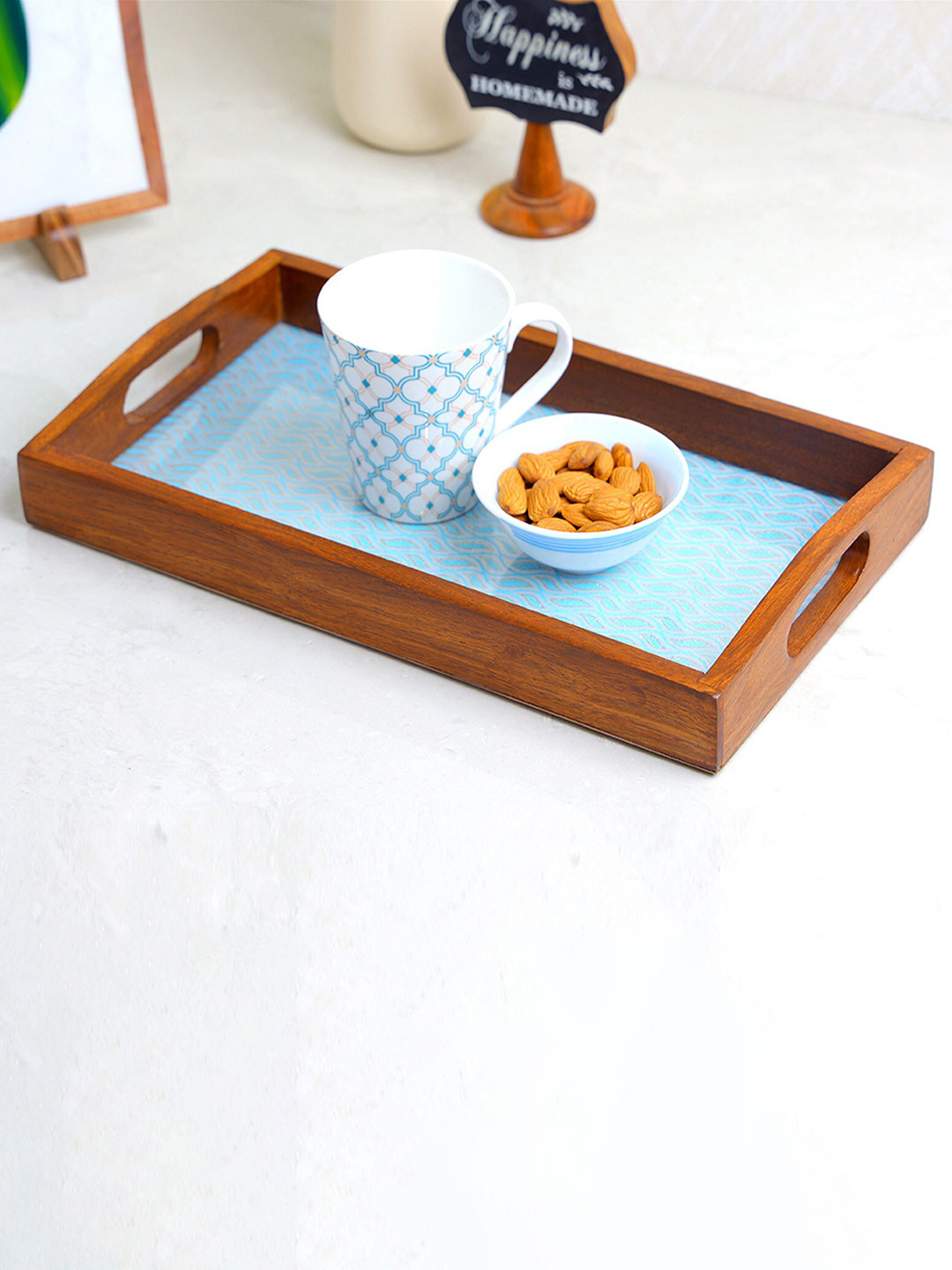 POSH-N-PLUSH Blue & Brown Wooden Serving Tray