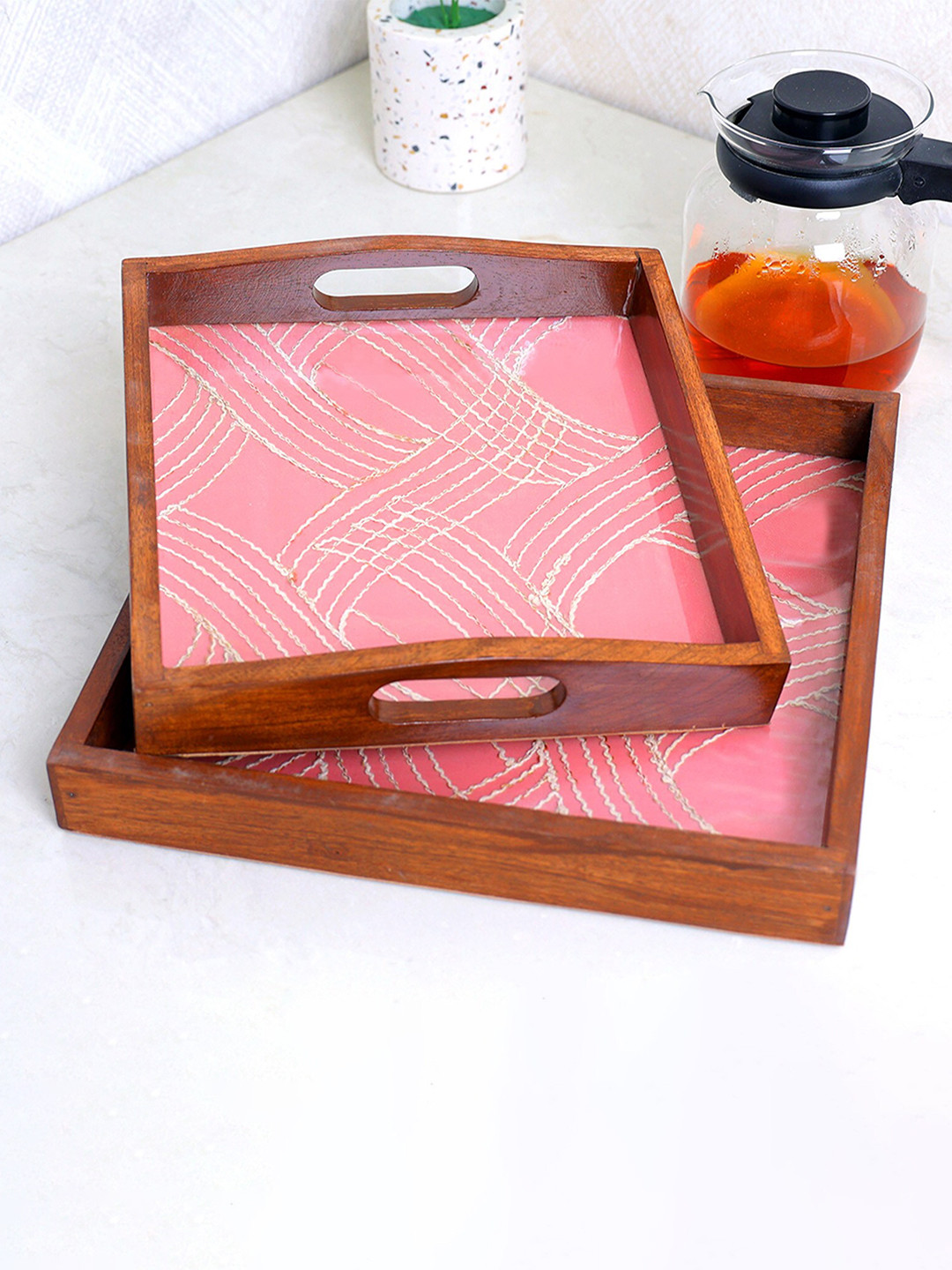 POSH-N-PLUSH Pink & Brown Printed Wood Tray