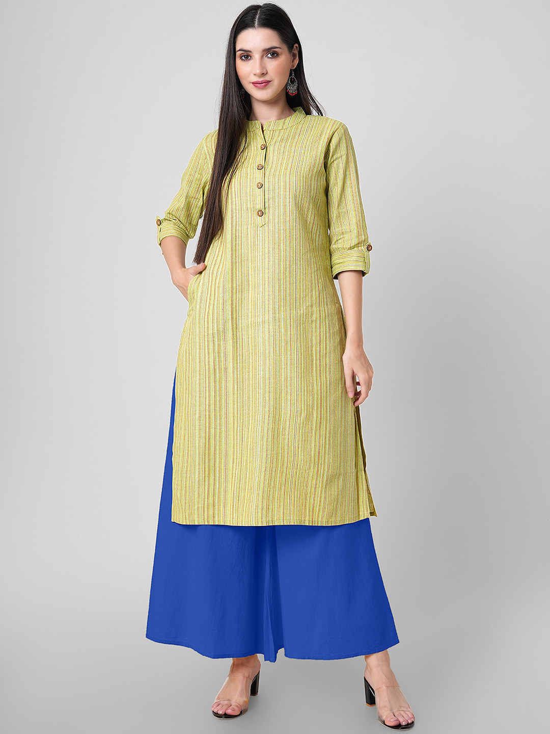 Wodreams Striped Mandarin Collar Roll-Up Sleeves Cotton Straight Kurta