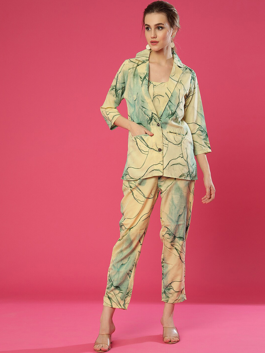 KALINI Abstract Printed Crop Camisole Top with Trousers & Blazer