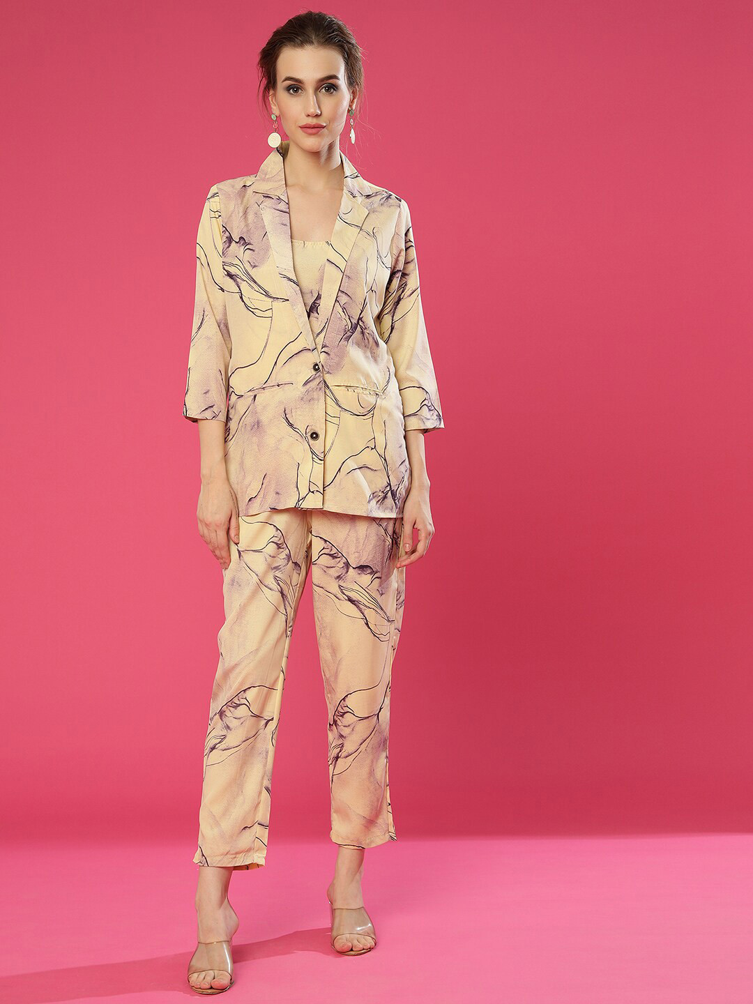 KALINI Printed Top Shoulder Strap-Neck with Mid-Rise Trouser & Blazer Co-Ords