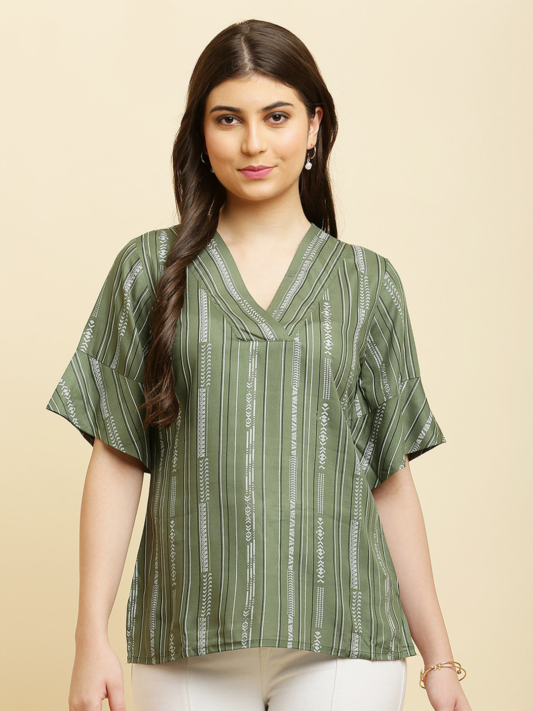 HELLO DESIGN V-Neck Bell Sleeves Striped Top
