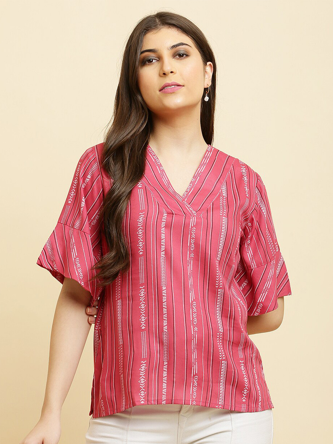 HELLO DESIGN V-Neck Bell Sleeves Striped Top