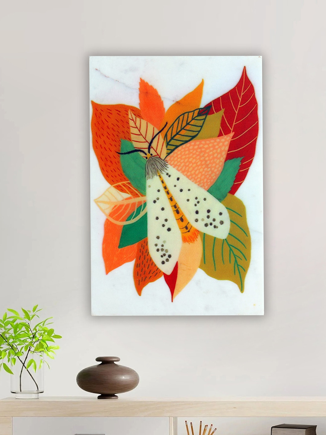 POSH-N-PLUSH White Butterfly Marble Painting Wall Art