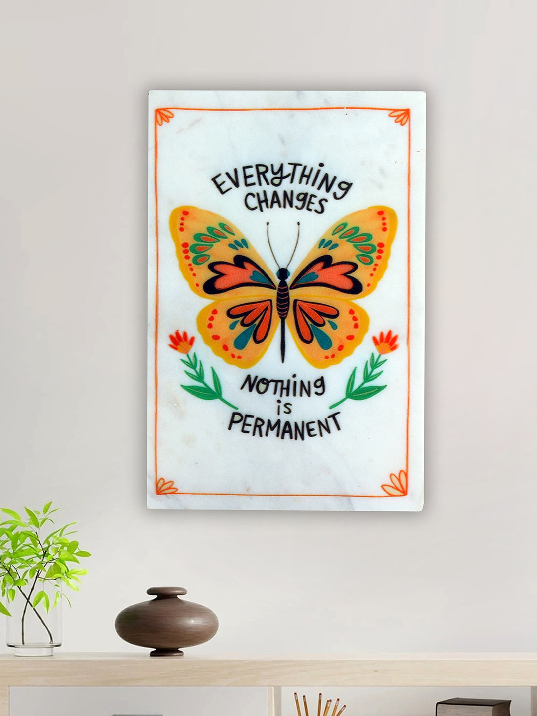 POSH-N-PLUSH White & Orange Printed Marble Wall Art