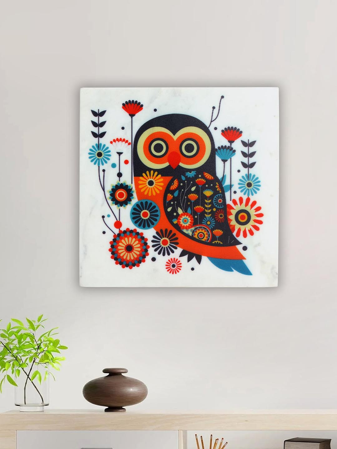 POSH-N-PLUSH White & Red Owlsome Printed Marble Wall Art