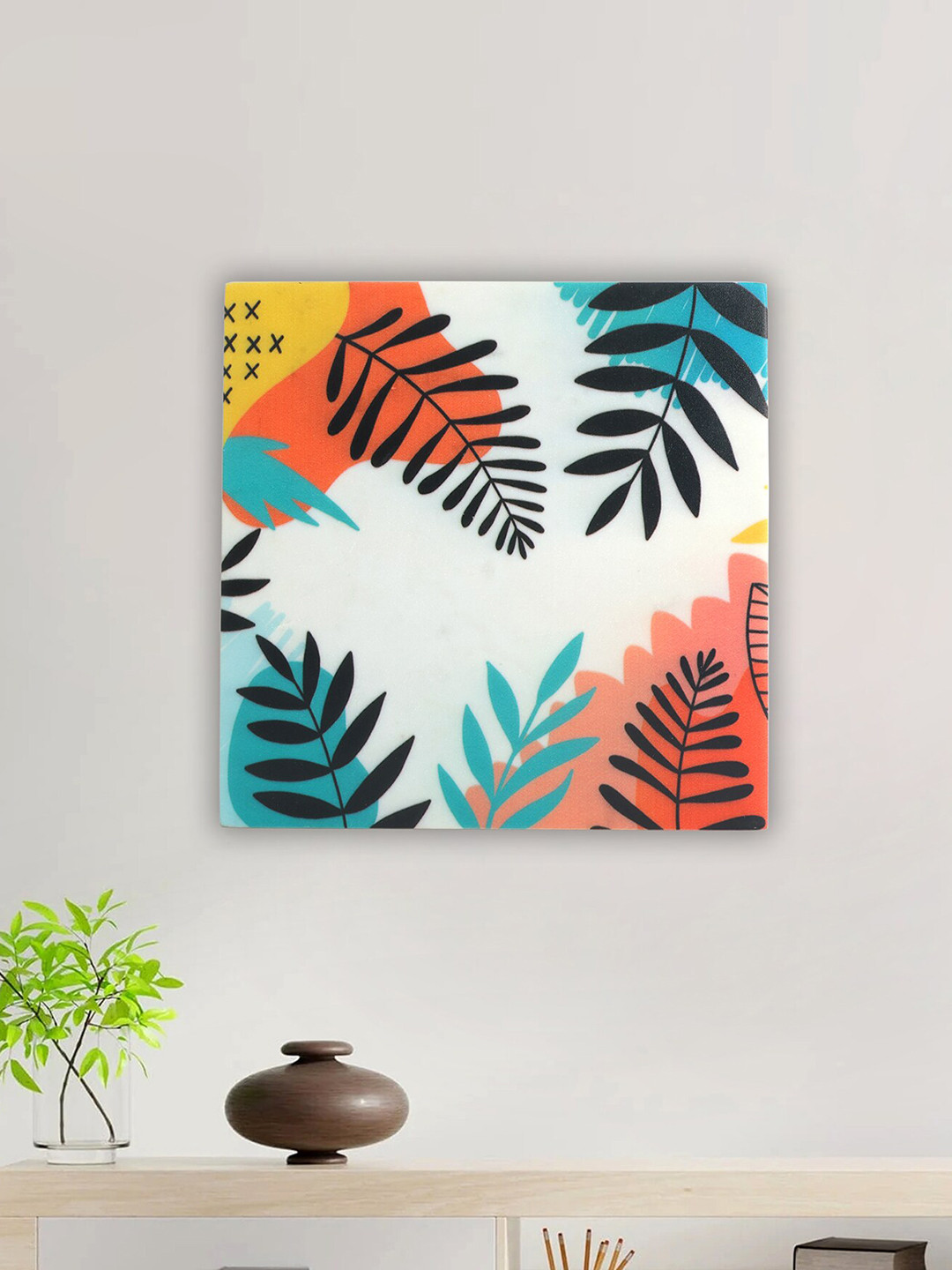 POSH-N-PLUSH White Blue & Orange Leaves Wall Art